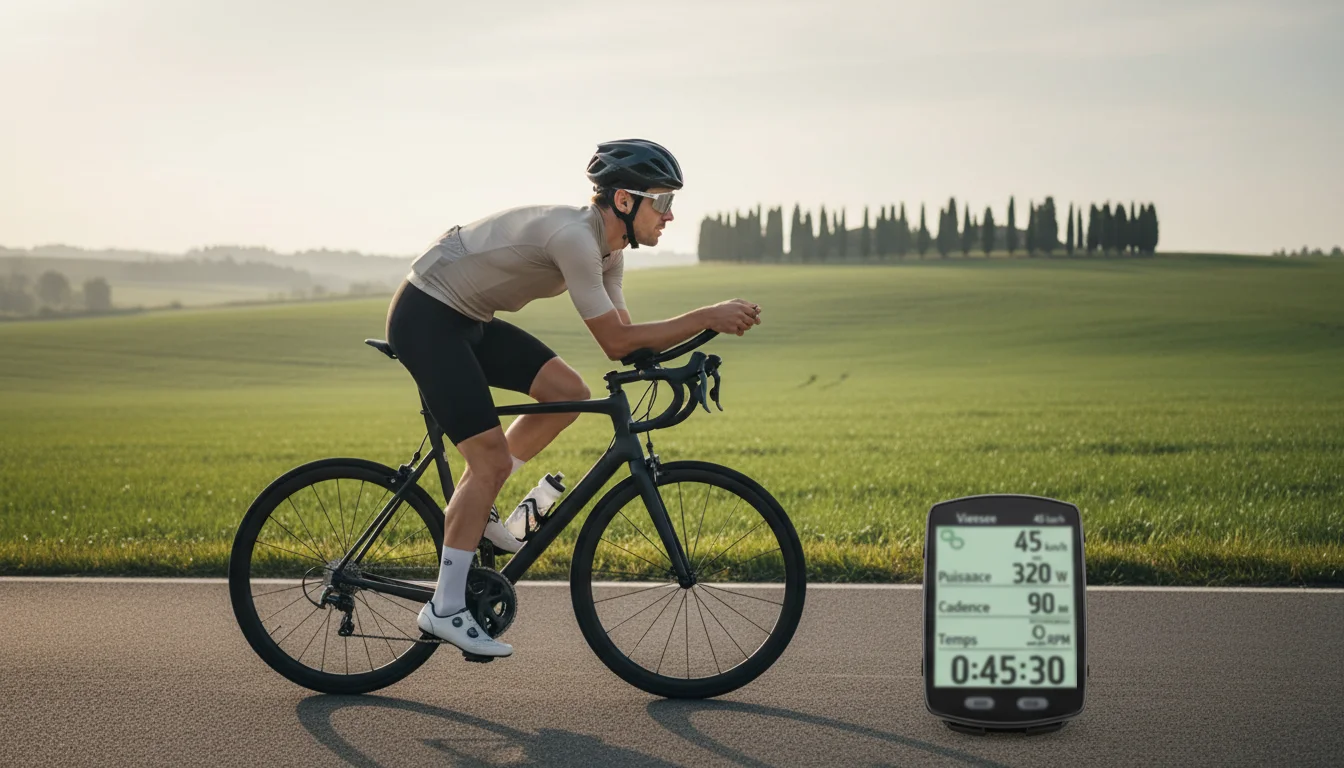 Cycliste professionnel à l'entraînement analysant sa performance — analyse forme coureur