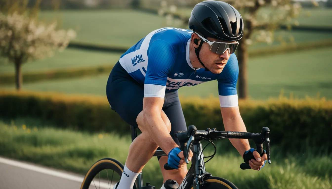 Cycliste professionnel en plein effort lors d'une course de préparation