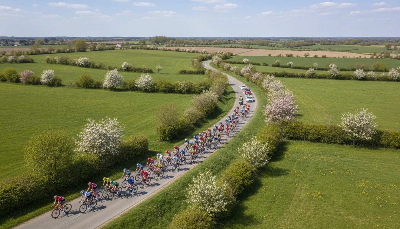 Peloton professionnel sur une route de campagne européenne en saison