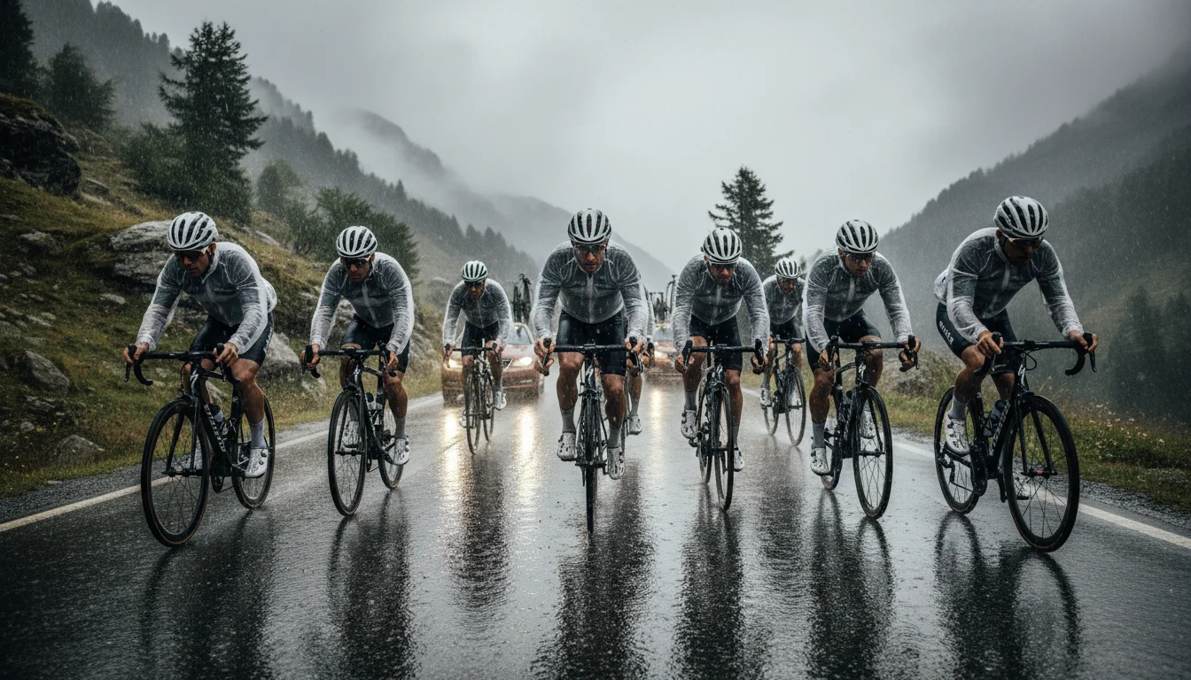 Peloton cycliste sous la pluie sur une route de montagne venteuse