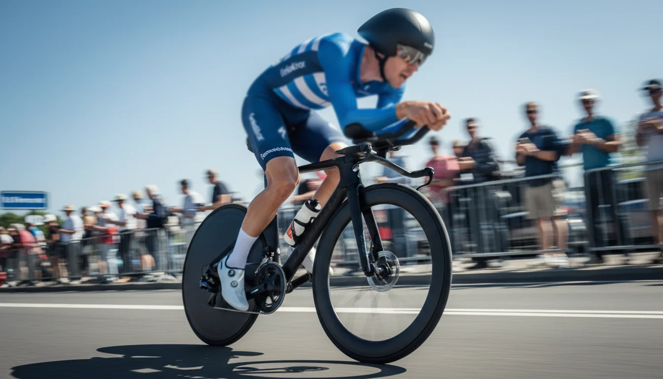 Cycliste en position aérodynamique lors d'un contre-la-montre individuel