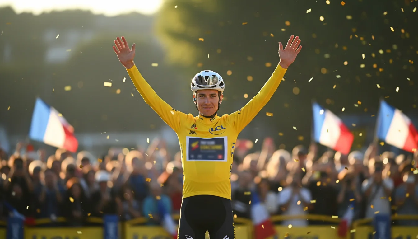 Coureur portant le maillot jaune du Tour de France sur le podium