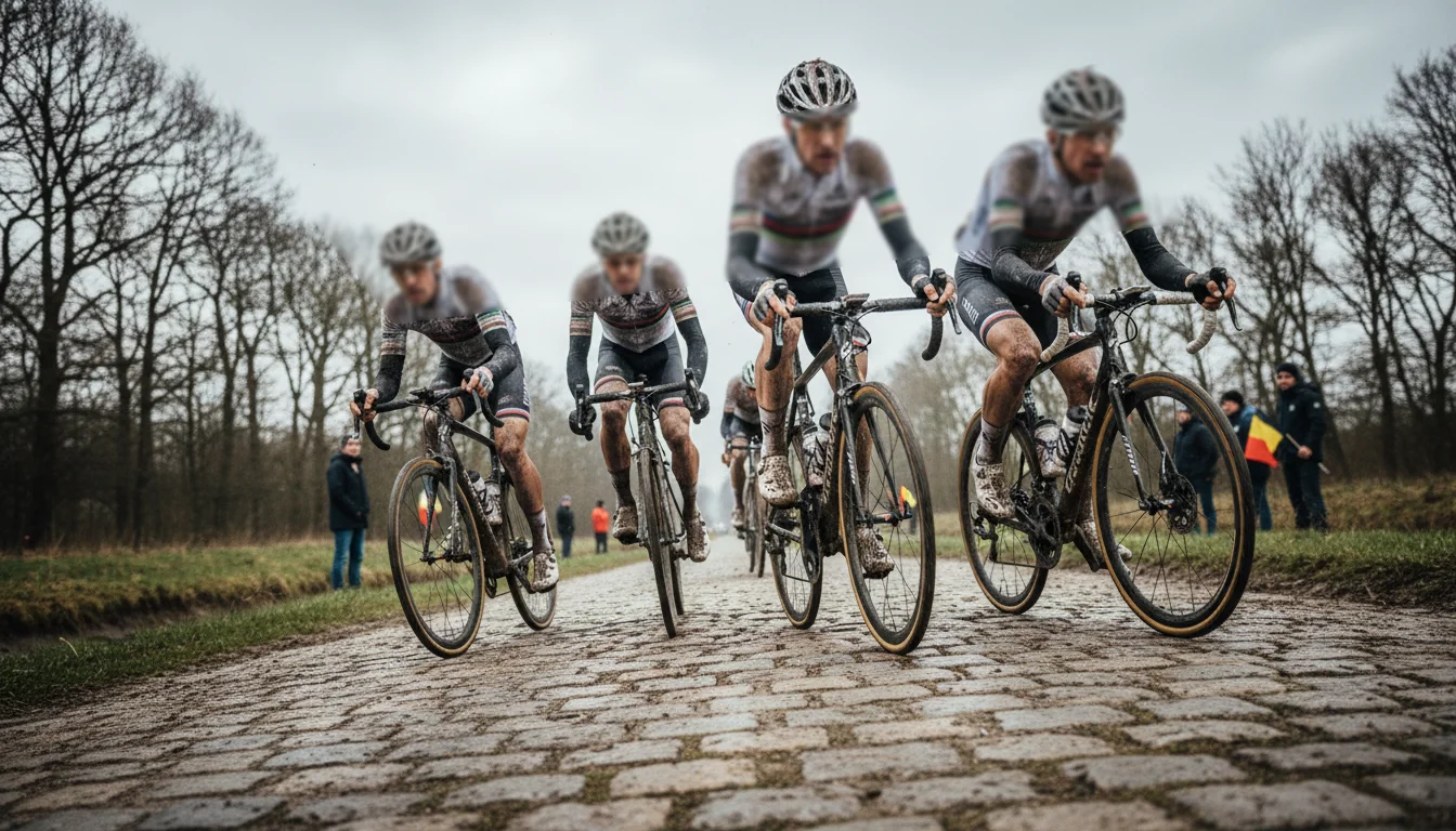 Cyclistes sur les pavés de Paris-Roubaix dans la trouée d'Arenberg