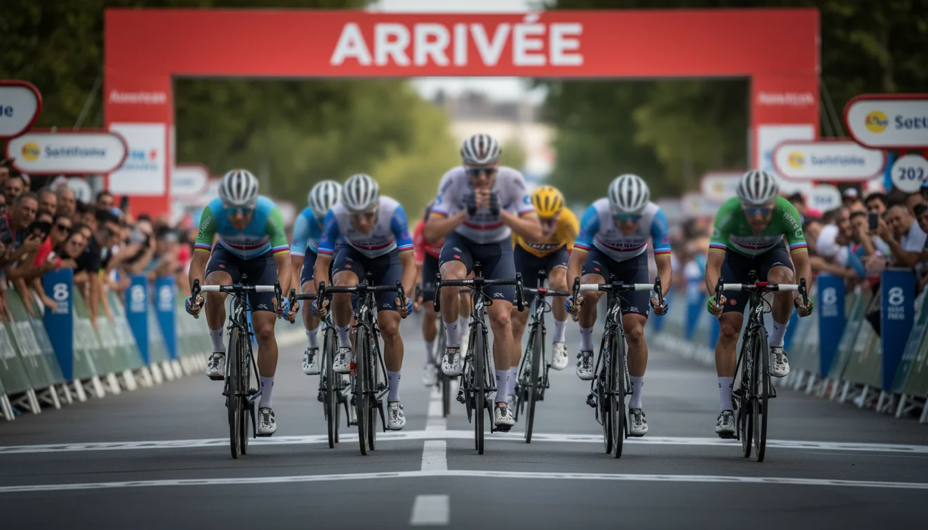 Sprint massif de cyclistes professionnels lors d'une arrivée d'étape