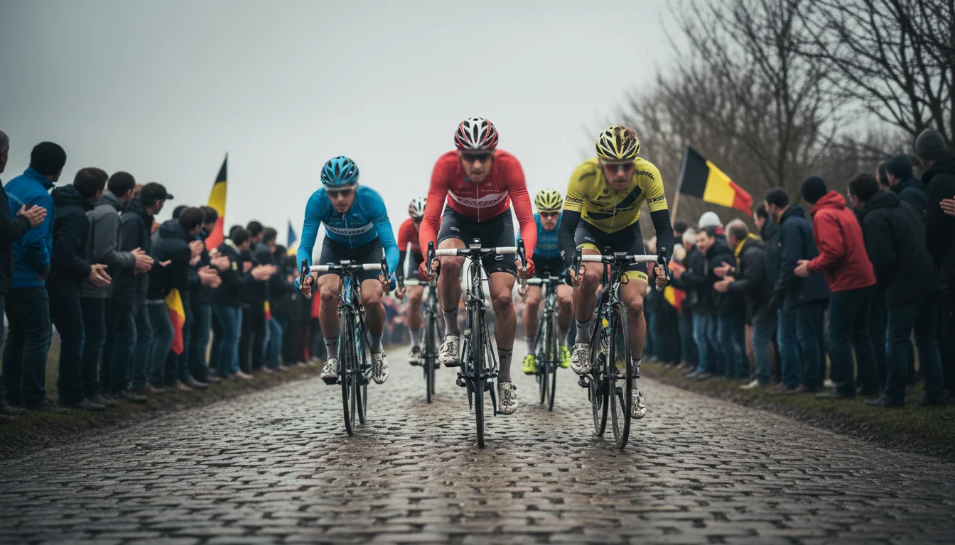 Coureurs sur les monts pavés du Tour des Flandres