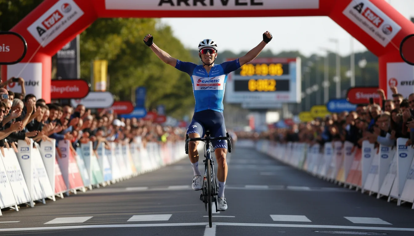 Cycliste franchissant la ligne d'arrivée en vainqueur d'étape