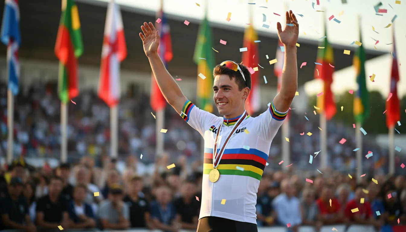 Champion du monde cycliste portant le maillot arc-en-ciel sur le podium