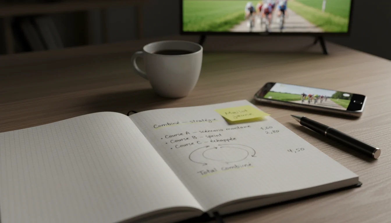 Carnet de notes avec plusieurs pronostics cyclistes pour un pari combiné