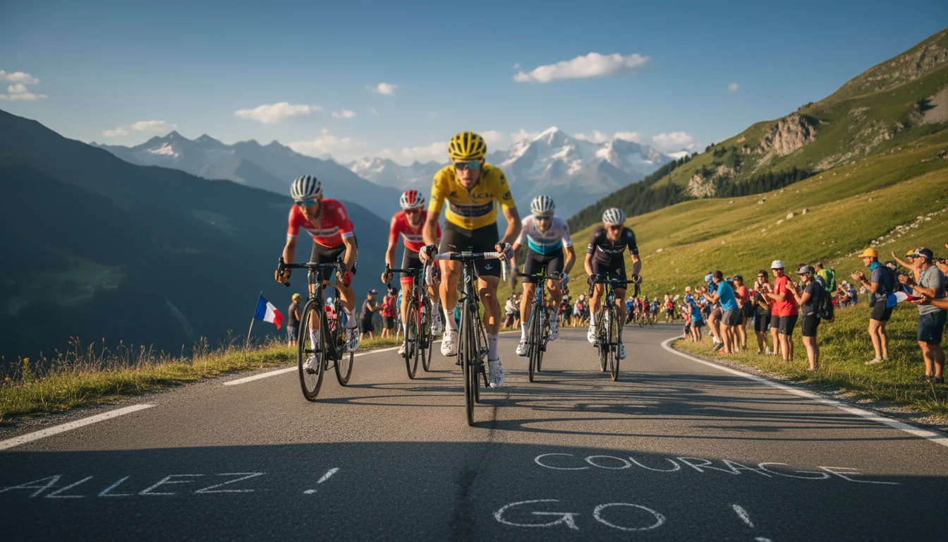 Grimpeurs cyclistes en pleine ascension d'un col alpin lors du Tour de France