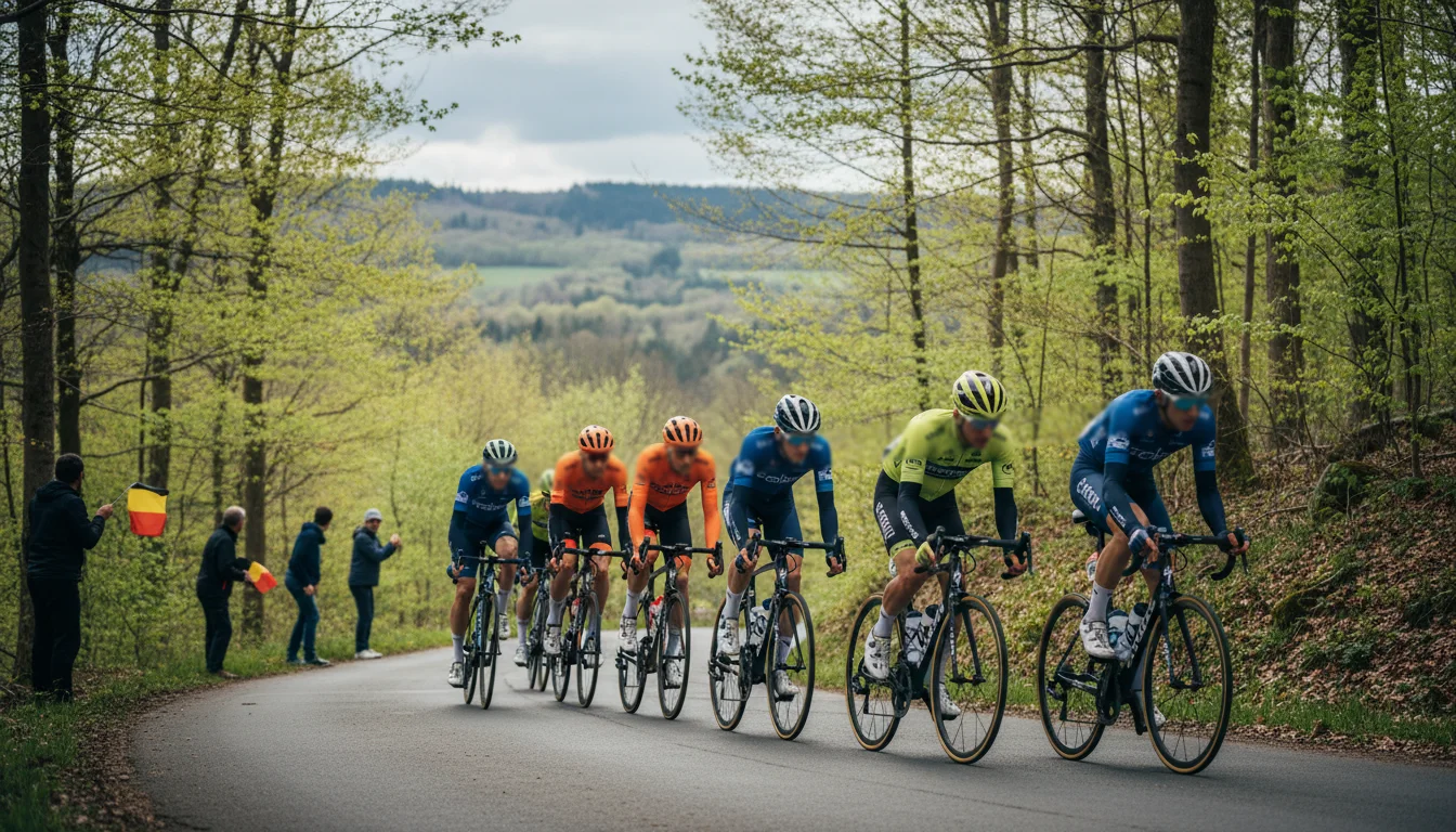 Cyclistes grimpant une côte ardennaise lors de Liège-Bastogne-Liège
