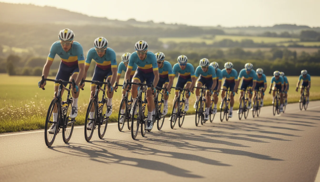 Peloton de cyclistes professionnels en pleine course sur route — paris sportifs cyclisme