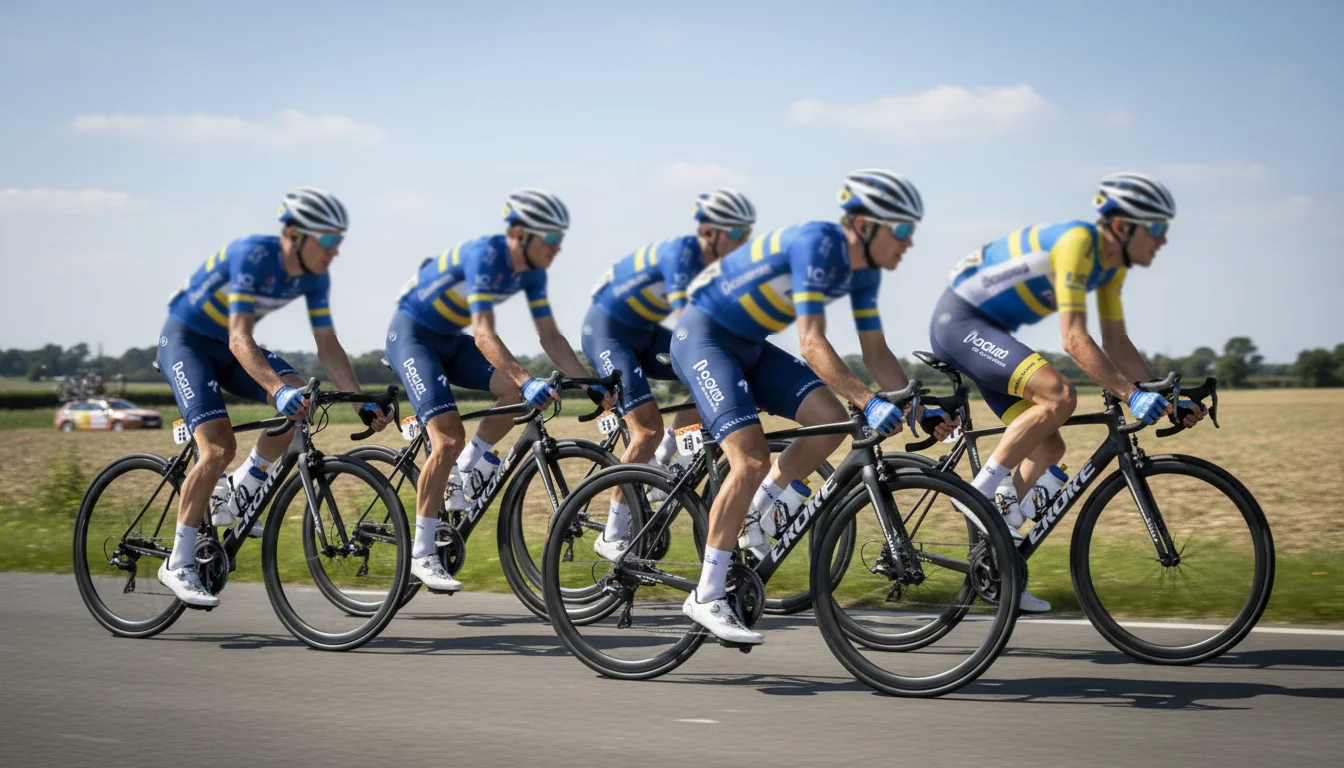 Train d'équipiers cyclistes protégeant leur leader en tête du peloton