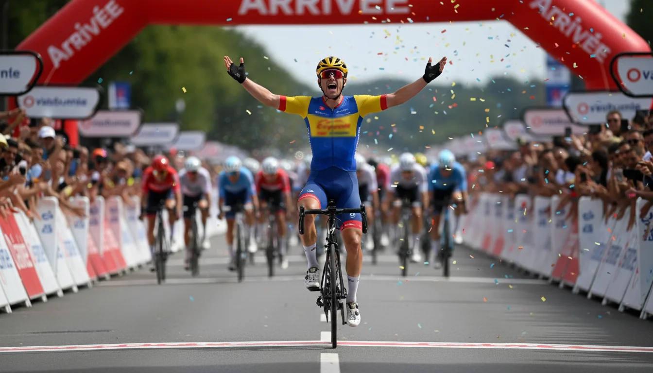 Coureur cycliste franchissant la ligne d'arrivée les bras levés — types de paris cyclisme