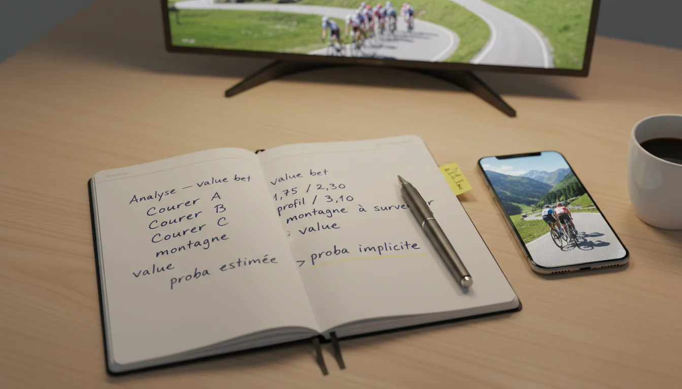 Analyse de cotes cyclisme avec notes manuscrites et course en arrière-plan
